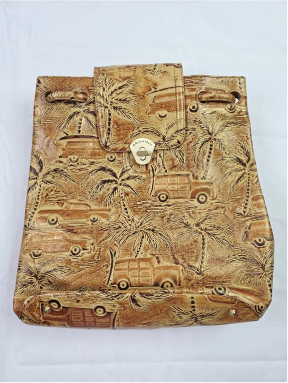 Y2K Brahmin Copper Copa Cabana Embossed Leather Backpack Purse Palm Tree Retro